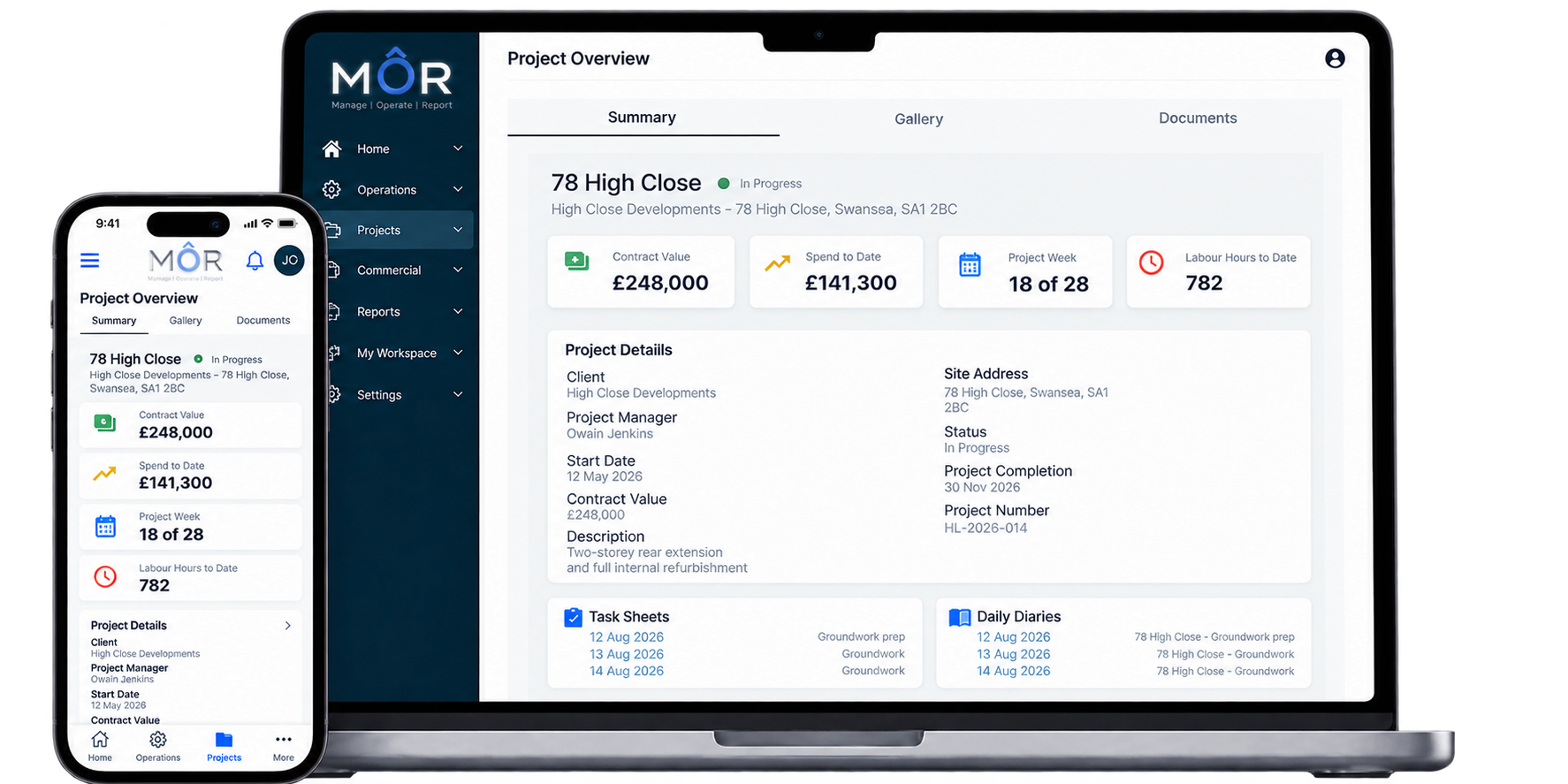 MÔR project overview shown on a laptop and a mobile phone